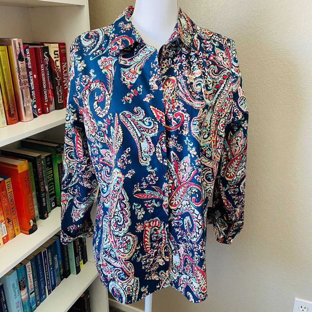 CHICO'S Paisley Blue Printed Button Down Long Sleeve No-Iron Top Size Large
